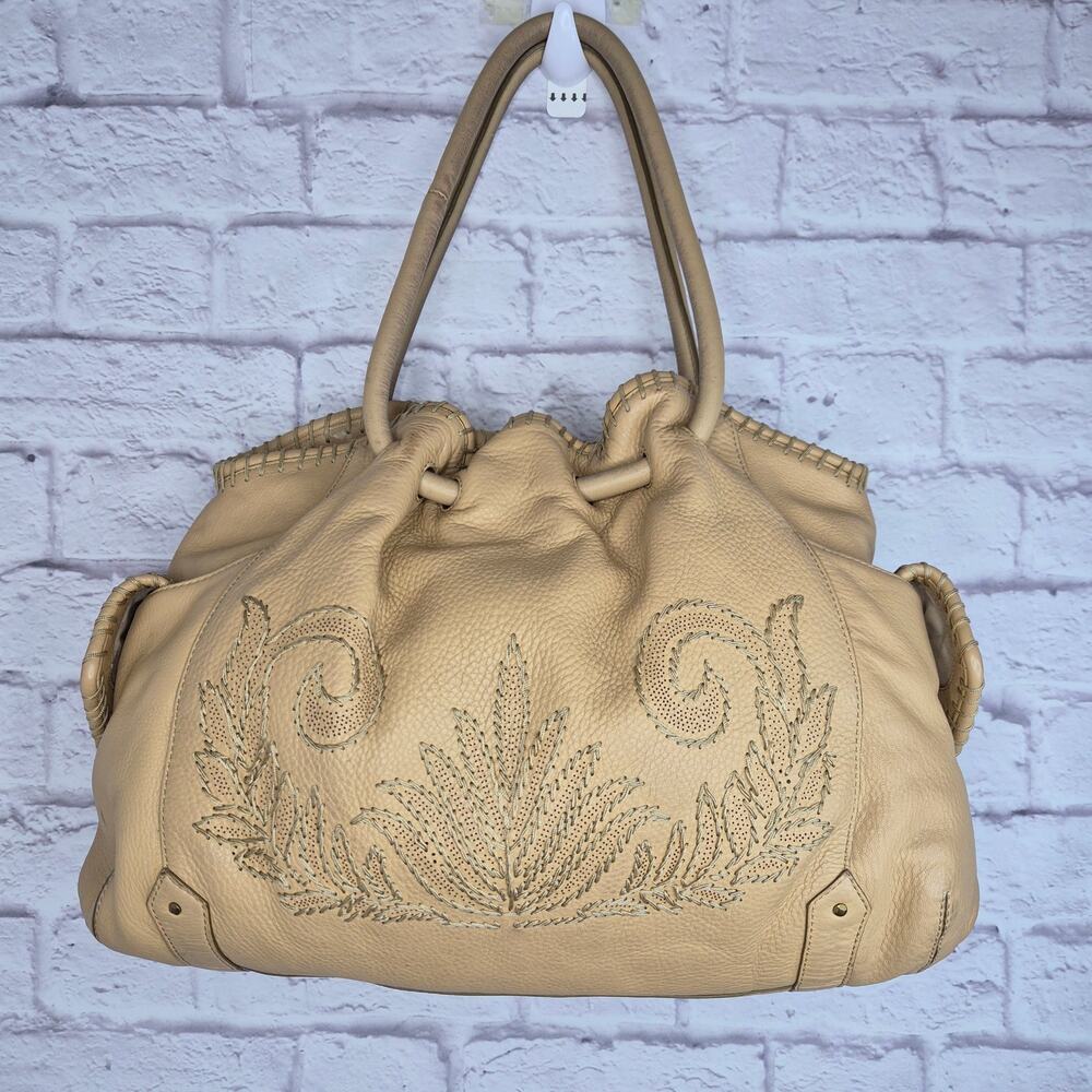 Vintage Cole Haan Tan Pebbled Leather Whipstitch Embroidered Drawstring Hobo Bag